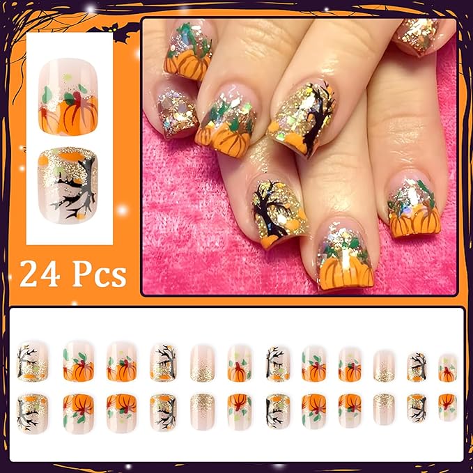 24Pcs Thanksgiving Press on Nails Short Square Fake Nails with Glitter Full Cover Fall Acrylic Nail Halloween Dead Tree Pumpkin False Nail Autumn Leaves Stick on Nails for Women Nail Art Designs
