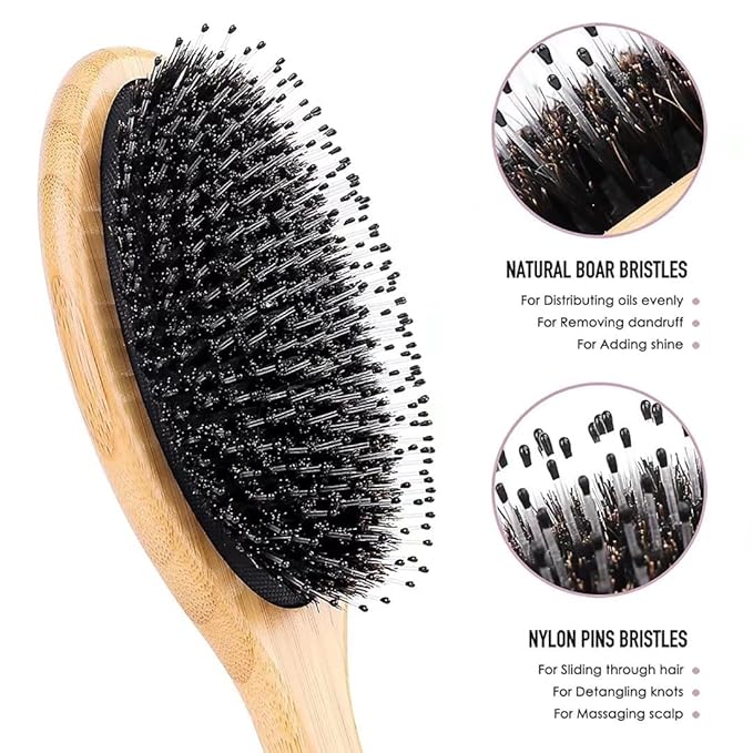 Hair Brush Comb Set Boar Bristle Hairbrush for Curly Thick Long Fine Dry Wet Hair,Best Travel Bamboo Paddle Detangler Detangling Hair Brushes for Women Men Kids Adding Shine Smoothing Hair