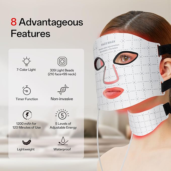 Red Light Mask for Face and Neck - Facial Skin Care Device, Portable, Lightweight, Rechargeable and Ergonomic Design for Home (White)