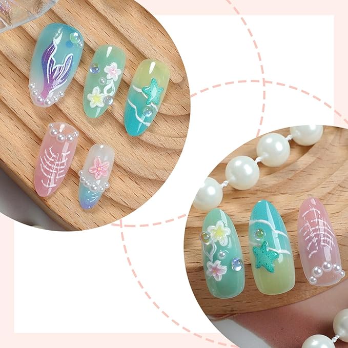 30Pcs Blue Press on Nails Medium Almond Handmade Fake Nails Summer Ocean Series Mermaid False Nails 3D Pearl Starfish French Tips Press On Flower Full Cover Stick on Nails for Women
