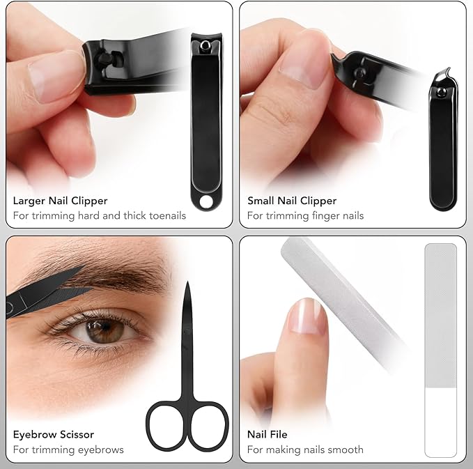 Tweezers Set for Facial Hair Women, 8Pcs Precision Eyebrow Tweezer Nail Clipper Set Eyebrow Pluckers Men for Ingrown Hair Removal(Black)