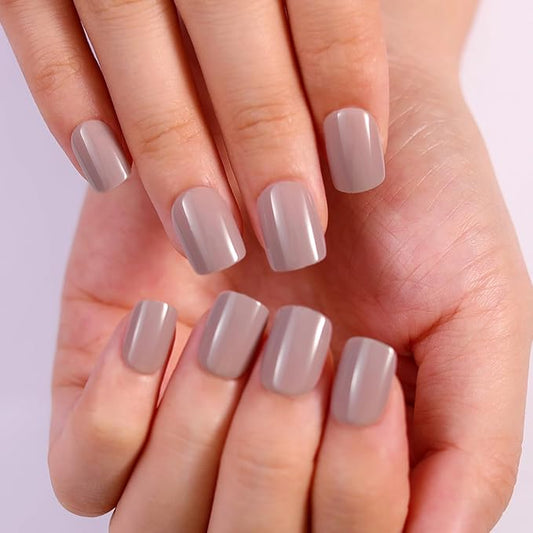 Caramel Beige Press On Nails Short, Glossy Soft Gel Press On Nails Square with Nail Glue, 15 Sizes - 30 Fake Nails Kit, Thick Natural Reusable Glue On Nails for Women, Silken Caramel