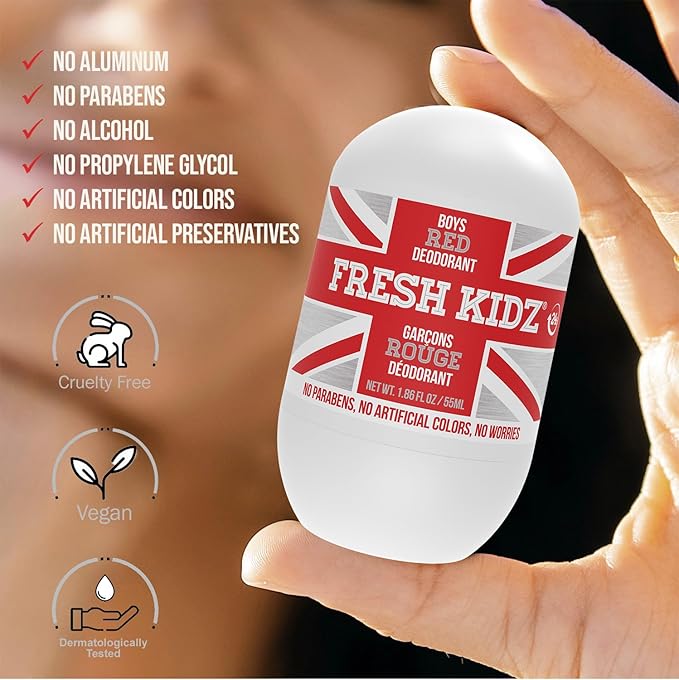 Fresh Kidz Roll On Deodorant for Kids and Teens - Baking Soda and Aluminum-free 24 Hour Protection for Sensitive Skin - Boys "Red" 1.86 fl.oz. (2 Pack)
