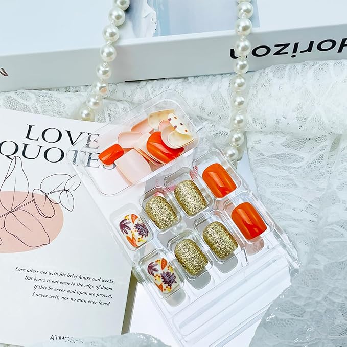 24Pcs Fall Nails Press on Nails Short Square NEWSPIED Autumn Thanksgiving Fake Nails Leaves Wave Point Design Fall Glue on Nails Gold Glitter False Nails Full Cover Stick on Nails for Women Girls