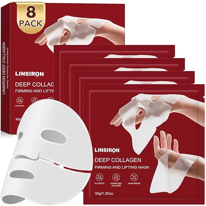 Bio-Collagen Face Masks, Deep Hydrating Sheet Overnight Face Mask, Facial Treatments and Masks for Women, Korean Skincare, Moisturizing and Firming for Girl, 8 Pack