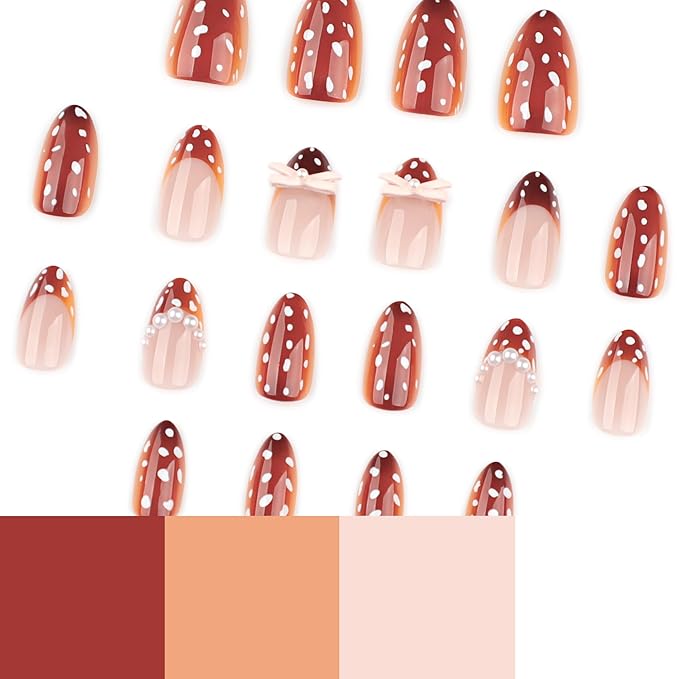 Burnt Sienna Press On Nails Short Almond, cute Fake Nails with 3D Pearl & Bow Embellishments, White Polka Dot Detail, Glossy Gel Finish Acrylic Nails, Natural Reusable Glue On Nails Kit for Women