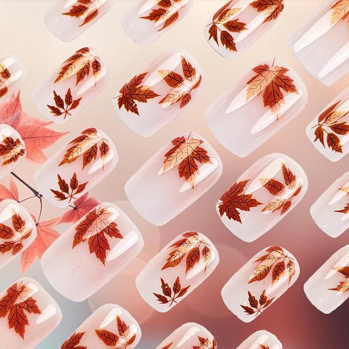 Fall Press on Nails Short Square Glossy Fake Nails with Glitter Maple Leaves Designs Pink White Gradient Acrylic False Nails Autumn Stick on Nail Artificial Gel Glue on Nail for Women 24Pcs
