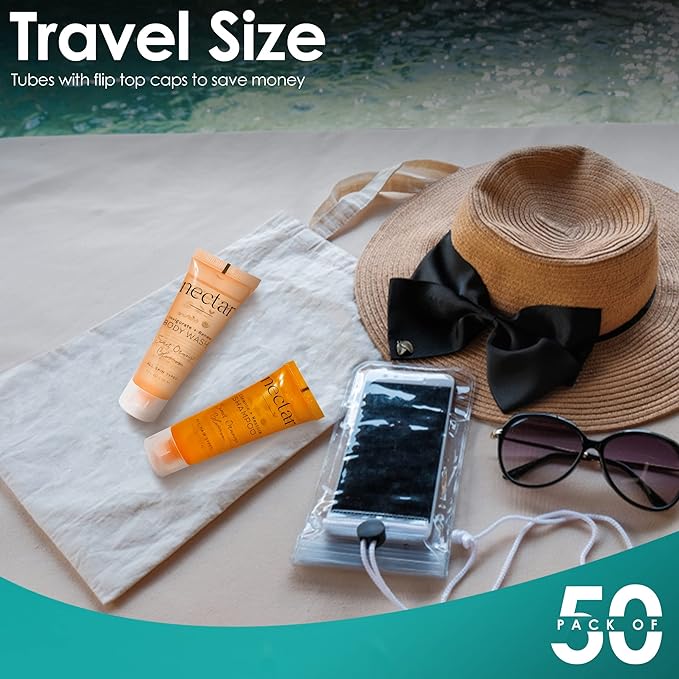 World Amenities Nectar Bulk Shampoo | 50 Count, 1 oz | Sweet Orange Blossom, Mini Travel Size Toiletries (100% Recyclable Tube with Flip Top Cap), Airbnb Rentals, Suitable for All Hair Types