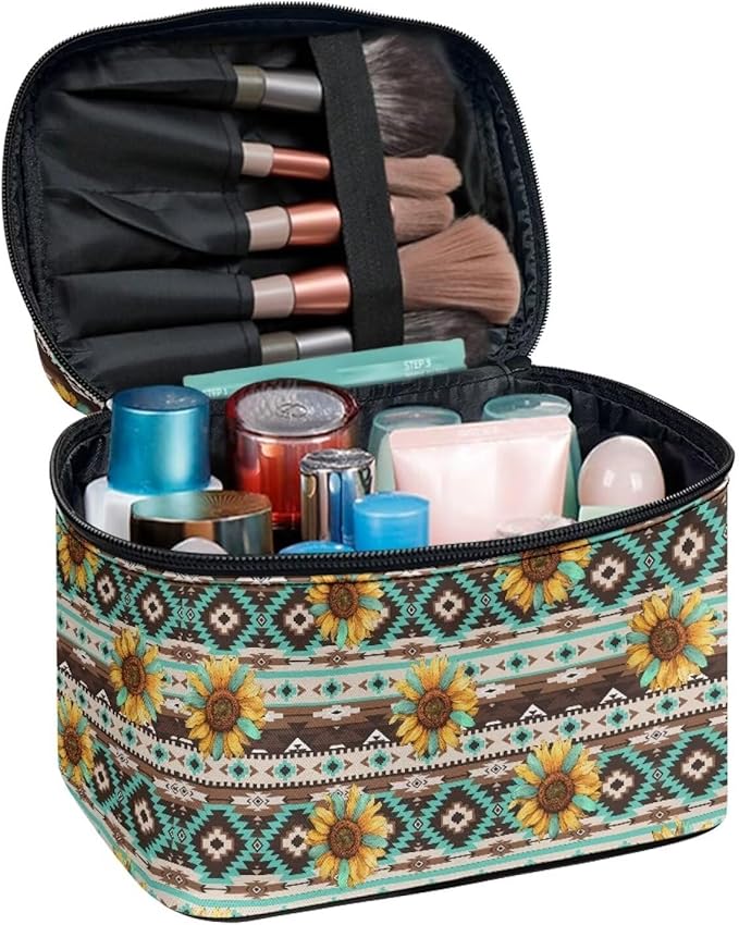 Navajo Aztec Tribal Sunflower Pattern Travel Makeup Bags for Women Portable Tote Cosmetic Case with Carry Handle Toiletry Accessories Storage Organizer Bags