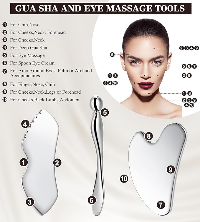 Gua Sha Facial Tools, 3 in 1 Stainless Steel Metal Guasha & Eye Cream Applicator Facial Sculpting Tool Set Eye Massager Lymphatic Drainage for Face Neck (Plastic Box 3, Count, 3)