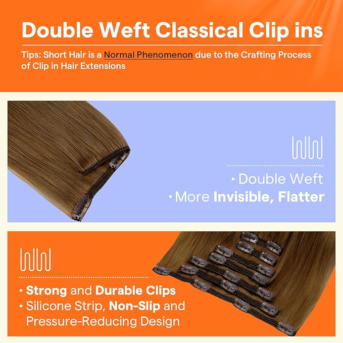 Full Shine Human Hair Extensions Clip ins 20 Inch Golden Brown Ombre Clip in Hair Extensions for Thin Hair for Party 7 Pcs 120 G