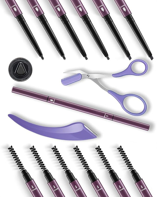 6Pcs Microblading Eyebrow Pencils Black Waterproof Eye Brow Pencil w/Eye Brow Razor & Scissors Kit 0.5mm Ultra-Fine Tip Creates Hair-Like Strokes for Women Effortless Natural Brows