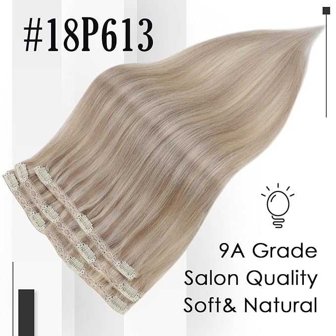 Full Shine Clip in Hair Extensions Ash Blonde Highlights 16 Inch 3 Pcs 60 G Lightweight Clip in Hair Extensions for Thin Hair