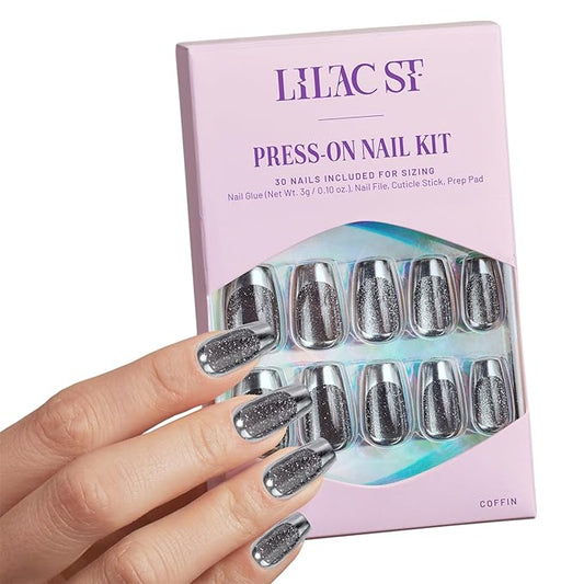 Lilac St - Press on Nails, Silver Lining (30 Nails, 15 Sizes) - Medium, Coffin, Glossy, Opaque - Brush-On Nail Glue, Nail File, Cuticle Stick, Prep Pad - Cruelty Free, Vegan, Women Founded