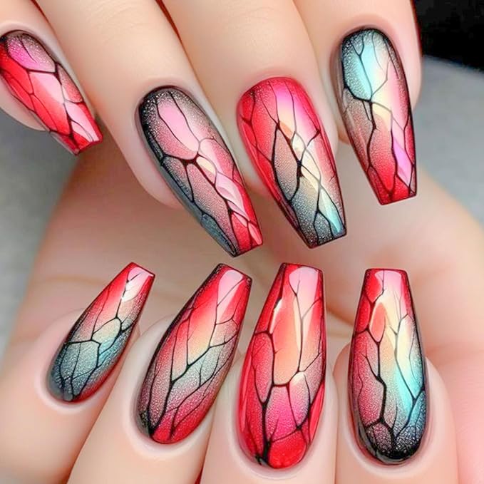 24Pcs Press on Nails for Women Fake Nails Medium Coffin Nail Press ons with Black Crack Designs Gradient Red Glue on Nails Glossy Color Stick on Nails Artificial Girl Manicure Art Style