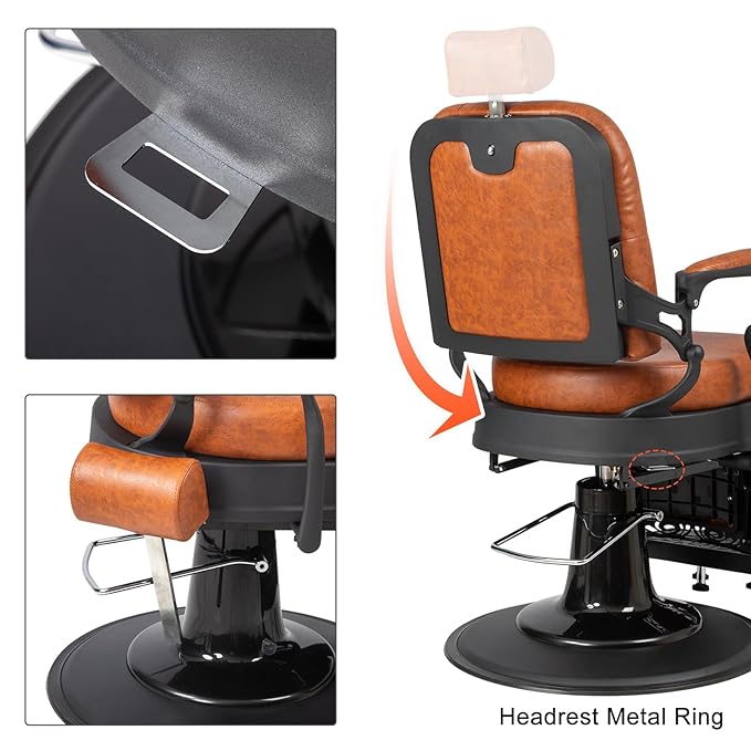 Winado Heavy Duty Vintage Recline Barber Chair Hydraulic with Headrest, Supports up to 700lbs & 360° Rotatable, Professional Salon Beauty Spa Shampoo Equipment (Brown - Square Backrest)