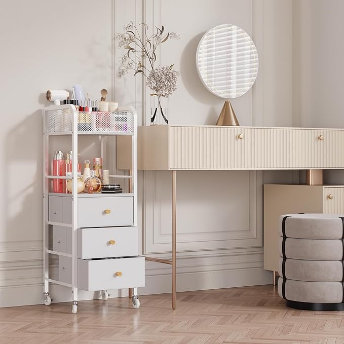 HapiRm Rolling Makeup Cart Organizer - Floor Skincare Make Up Storage with 3 Drawers, Vanity Organizer Cosmetic Display Cases Holder for Skin Care Perfume Nail Polish Brush Hair Tool, White