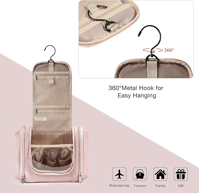 BAGSMART Toiletry Bag for Women, Travel Toiletry Organizer with hanging hook, Water-resistant Cosmetic Makeup Bag Travel Organizer for Shampoo, Full-size Container, Toiletries, Pink-Medium