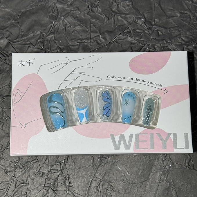 30Pcs Handmade Press on Nails Long Coffin Fake Nails Silver Snake Star with Rhinestones Glitter Design Full Cover Artificial Nails Y2k Glue on Nails Blue French Tip False Nails for Women Acrylic Nails