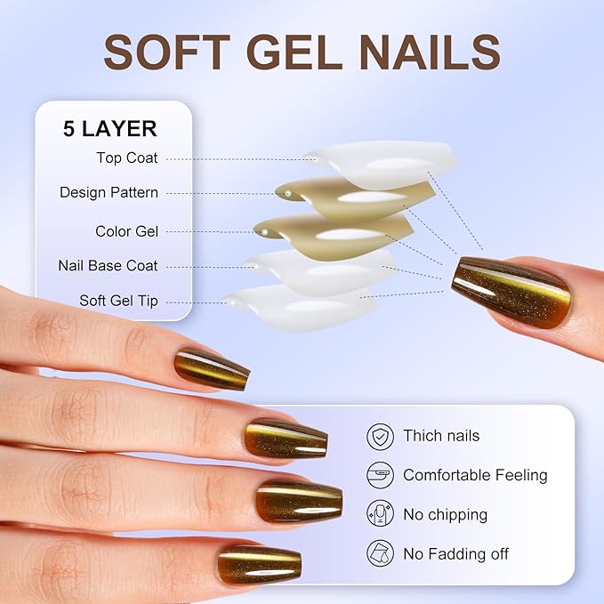 Misssix Cat Eye Press On Nails, 150Pcs Coffin Cat Eye Nail Tips, Glossy Glitter Soft Gel Stick On Nails, Reusable Fake Nails for Nail Art DIY 15 Sizes