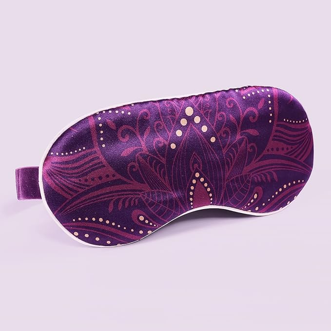 22mm Mulberry Silk Beauty Sleep Mask with Velvet Band & Travel Pouch, Light Blocking, Hair & Skin Friendly, Purple Lotus Totem Print, Gift Packaging