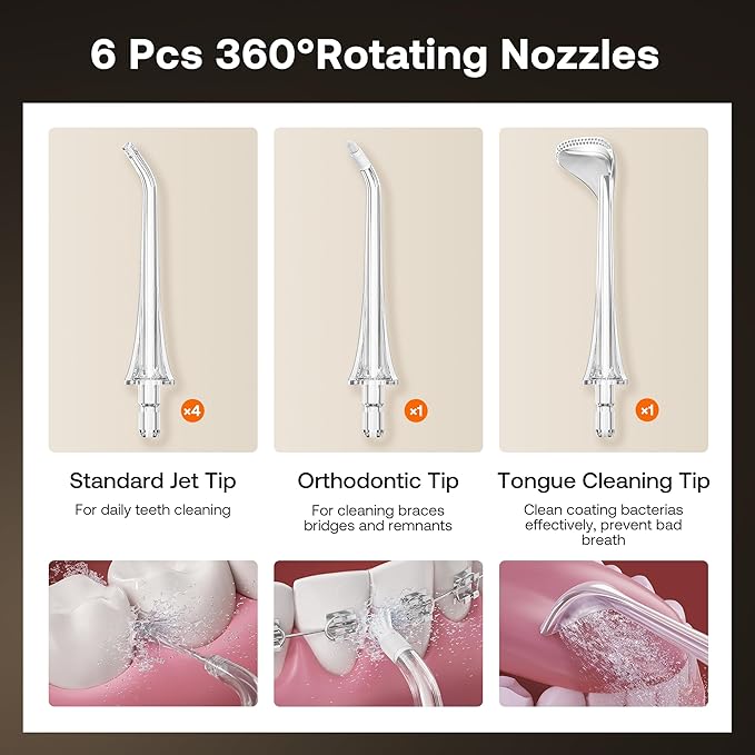 Bitvae Water Dental Flosser Teeth Pick, Cordless Flosser for Travel with 6 Jet Tips, 3 Modes 5 intensities, IPX7 Waterproof Portable & Rechargeable Oral Irrigator Cleaner, Purple