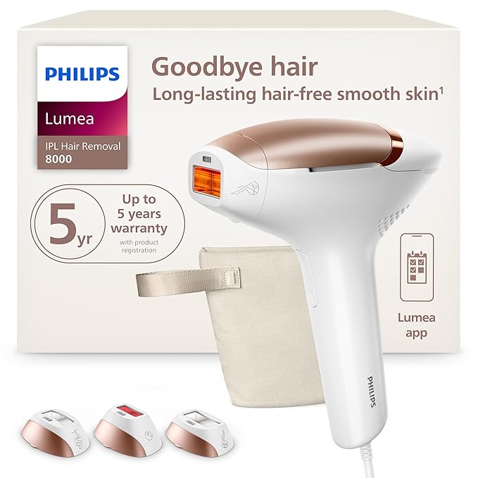 Philips Lumea 8000 Series IPL Hair Removal Device - Alternative to Laser Hair Removal, SenseIQ Technology and Lumea App, 3 Attachments for Body, Face, and Precision, for Women & Men, BRI937/03