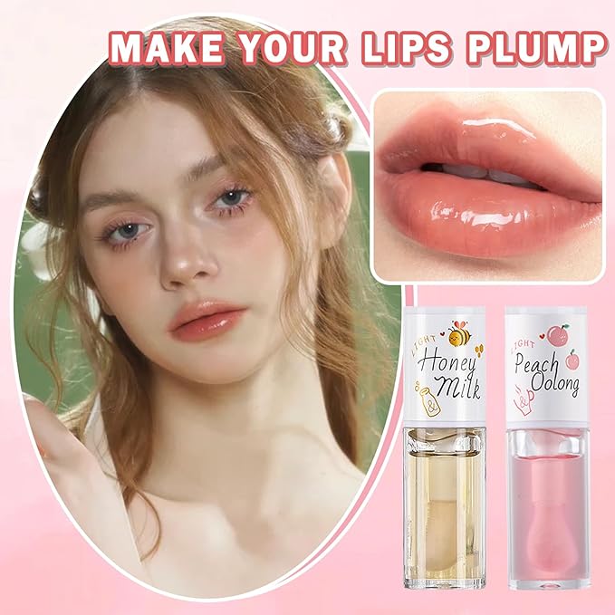 2 PCS Hydrating Clear Lip Oil Jelly Honey Lip Gloss - Korean, Big Brush Lip Oil, Plumping, Fresh Texture, Long-lasting Nourishing Lip Oils