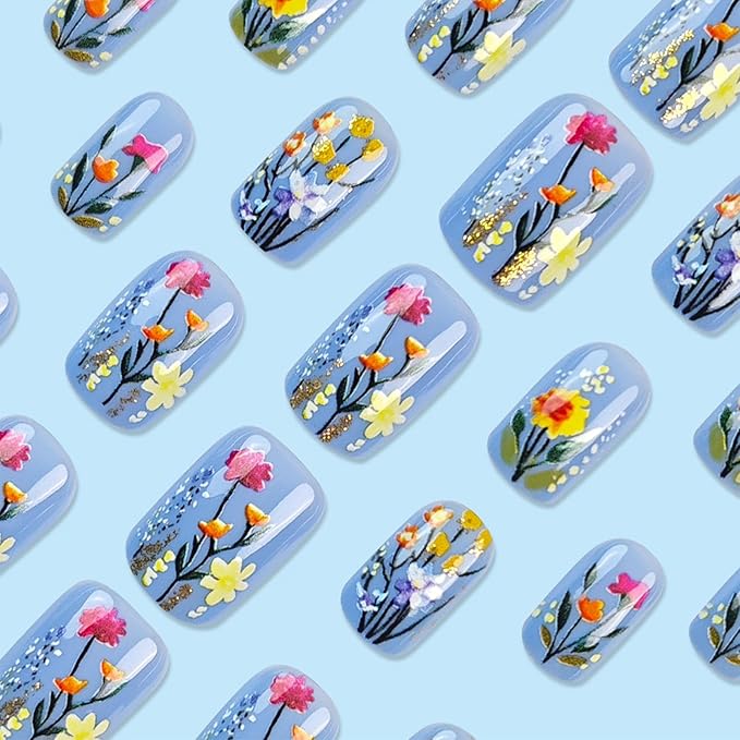Blue Press on Nails Short Square Acrylic Full Cover False Nails Spring Flower Stick on Nails Glossy Gold Glitter Fake Nails 24Pcs Wild Flowers Gel Glue on Nails for Coquette Women Girls