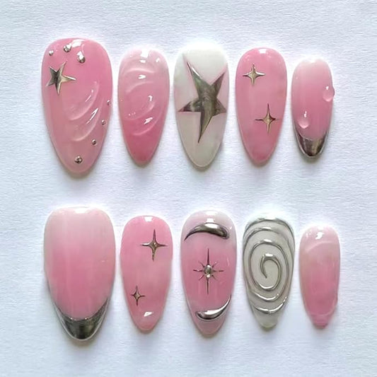 24Pcs Pink Press on Nails Medium Almond Fake Nails with Irregular Silver Star Designs Stick on Nails French Tip Nails Reusable Acrylic Nails Full Cover Artificial Glue on Nails for Women Nail Supplies