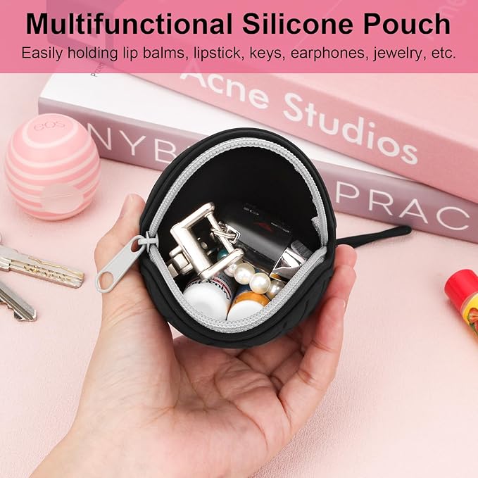 Desing Wish Silicone Lip Balm Holder with Silicone Zipper Pouch, Portable Lip Balm Keychain Sleeve - Silicone Storage Bag for Lip Balms/Small Cosmetics/Earphones/Keys - Black