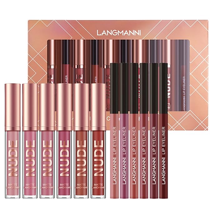 Petansy 12Pcs Lip Liner and Lipstick Set, 6 Colors Matte Liquid Lip Sticks + 6 Matching Smooth Nude Lip Liner, All in One Waterproof Long Lasting Lip Gloss Lips Make-up Gift Set for Girls and Women