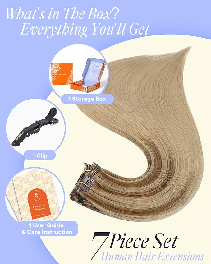 Full Shine Dirty Blonde Hair Extensions Clip ins 22 Inch Blonde Highlight Clip in Hair Extensions Human Hair 150 G 7 Pcs