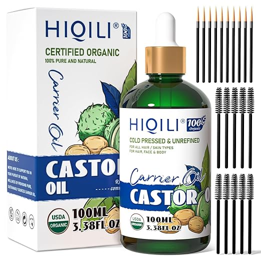 HIQILI Castor Oil Organic Cold Pressed Unrefined Glass Bottle, USDA Certified Organic, Hexane Free - Premium Grade Oil for Face, Hair Growth, Eyelash -3.38 Fl Oz