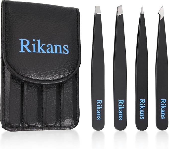 Rikans Precision Tweezers Set – Pack of 4 Black Professional Tweezers – Handy Carry Pouch – Superior Stainless Steel Tweezer Set – Splinters, Eyebrows, Facial or Ingrown Hair – Blackheads Remover