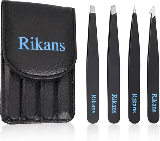 Rikans Precision Tweezers Set – Pack of 4 Black Professional Tweezers – Handy Carry Pouch – Superior Stainless Steel Tweezer Set – Splinters, Eyebrows, Facial or Ingrown Hair – Blackheads Remover