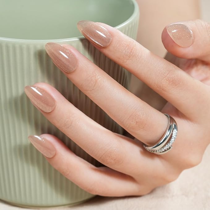 Cat Eye Press On Nails- Jofay Fashion Press On Nails Christmas Almond for Gifts, Nude Short Stick On Nails with Glue, Glossy Reusable Nail Tips in 16 Sizes - 32 Soft Gel Fake Nails Kit, Nude Cat Eye