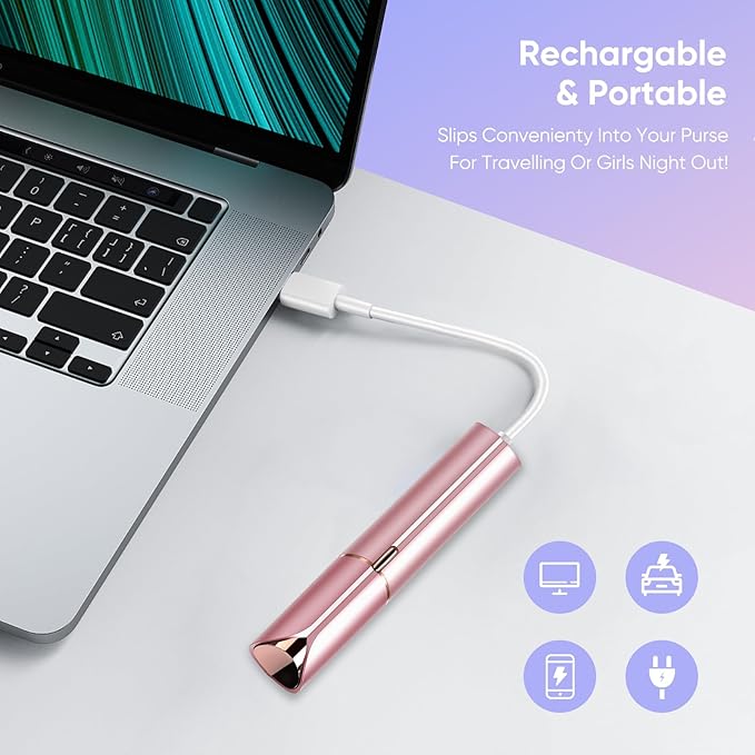 Facial Hair Removal for Women- as Seen on TV Painless Face Shaver -Painless Womens Facial Hair Remover with 2 Replacement Heads, Lipstick-Sized, USB Rechargeable（Rose Gold）