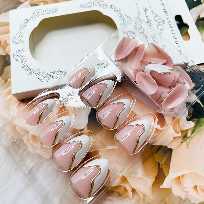 Almond Press on Nails Medium White French Tip Nails Press ons with Gold Lines Design Nude Pink Fake Nails Glossy Artificial Acrylic Nails Almond Nails Tips Full Cover Glue on Nails 24Pcs