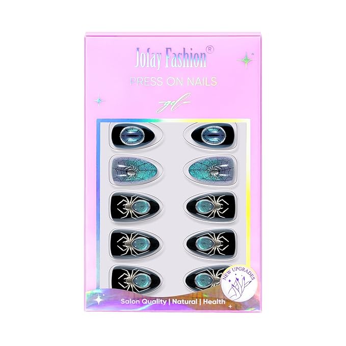 Press On Nails Halloween Almond - Spider Gem, Chameleon Cat Eye Effect Halloween Nails, Acrylic Square Short Halloween Fake Nails with Nail Glue, Stick On Nails in 16 Sizes - 32 PCS Soft Gel Kit