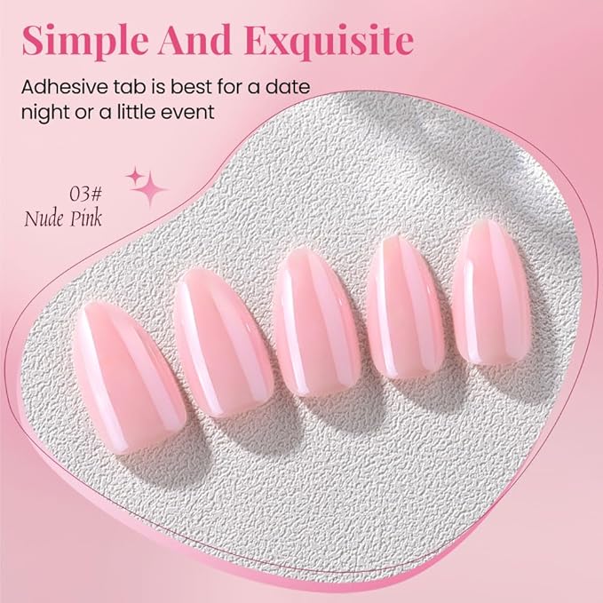Press on Nails Short Almond - Nude Pink Chrome Glazed Glossy Press on Nail Tips Glue On Nails with Nail Glue for Gift, Reusable Stick On Nails in 15 Sizes 30 Full Cover Acrylic Soft Gel Fake Nails Kit