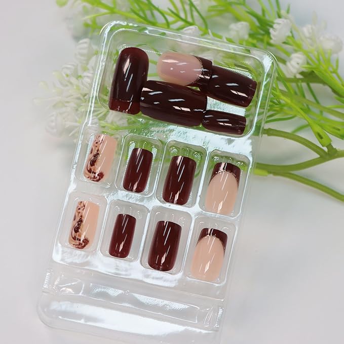 Fall Press on Nails Medium Square Fake Nails with Beach Designs Brown French Tip Nails Press ons Full Cover Acrylic Nails for Women 24Pcs