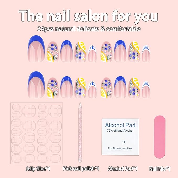 Cute Blue French Tip Press on Nails Medium Almond Fake Nails with Designs Lemon Blueberry False Nails Bohemian Glue on Nails Flower Full Cover Artificial Stick on Nails Acrylic Nails for Women 24Pcs