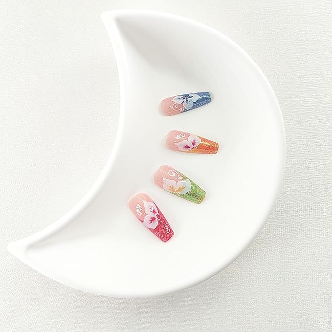 Coffin Press on Nails Medium Colorful French Tip Fake Nails Press ons Flower Glitter Design Glue on Nails Pink Full Cover False Nails Glossy Artificial Acrylic Nails for Girls 24Pcs