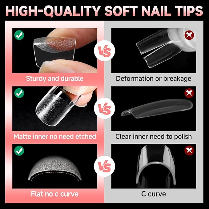 UNA GELLA Short Square Gel Nail Tips 600Pcs, Square Press on Nails Pre Etched Full Cover Soft Gel Nail Tips No C Curve For Women Girl DIY French & Chrome Style Salon At Home 12 Sizes
