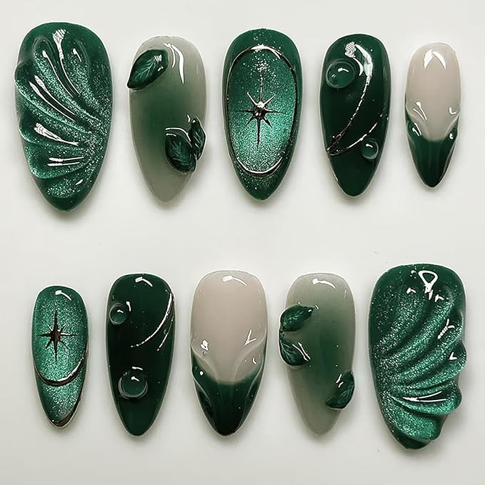 24Pcs Dark Green Press on Nails Medium Almond Fake Nails Silver Star with 3D Leaf Glossy Stick on Nails Full Cover Designs Artificial Reusable French Tip False Nails Glue on Nails for Acrylic Nails