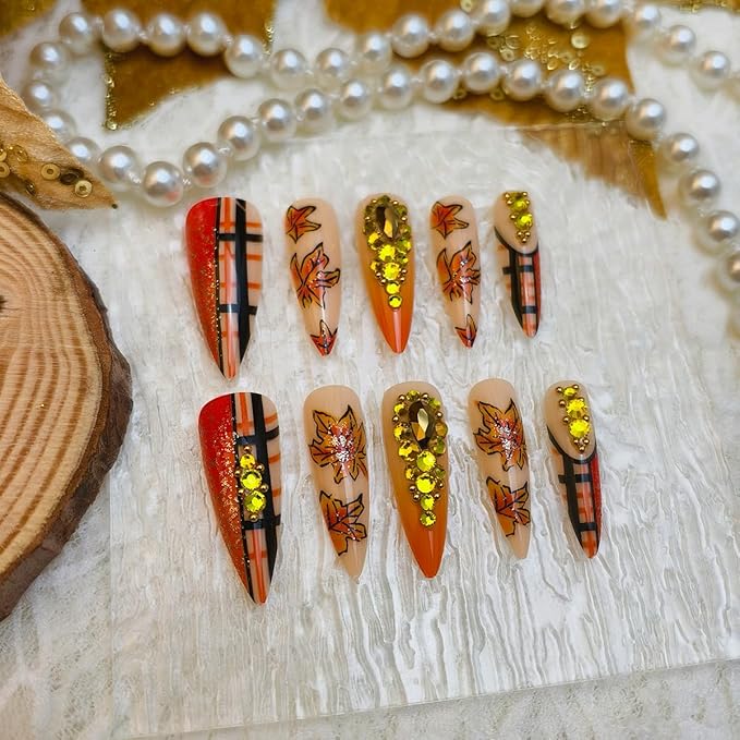 24Pcs Fall Press on Nails with Sparkly Rhinestones Gem Designs Elegant Fake Nails Long Almond Stripe Maple Leaves Acrylic False Nails Full Cover Autumn Glue On Nail for Women Fall Manicure Tips