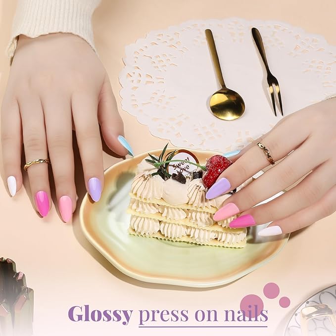 Teenitor Press on Nails Almond, 24Pack 576Pcs Short Almond Press on Nails, Matte Glossy French Tip Press on Nails, Glitter Fake Nails