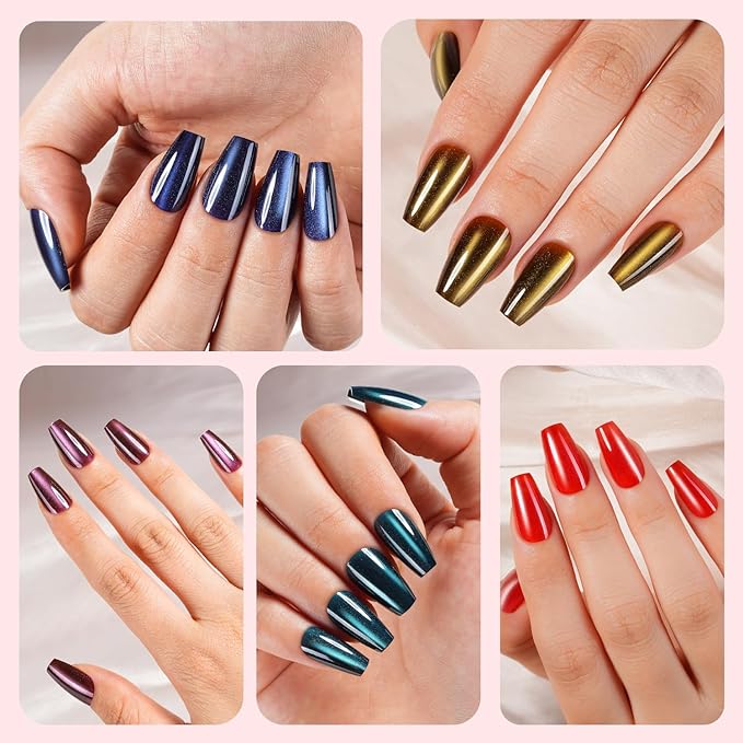 150Pcs Cat Eye Press on Nails, Plauva Short Coffin Fake Nails, Glossy Glitter Cat Eye Nail Tips, Soft Gel Stick On Nails for Women and Girls 15 Sizes