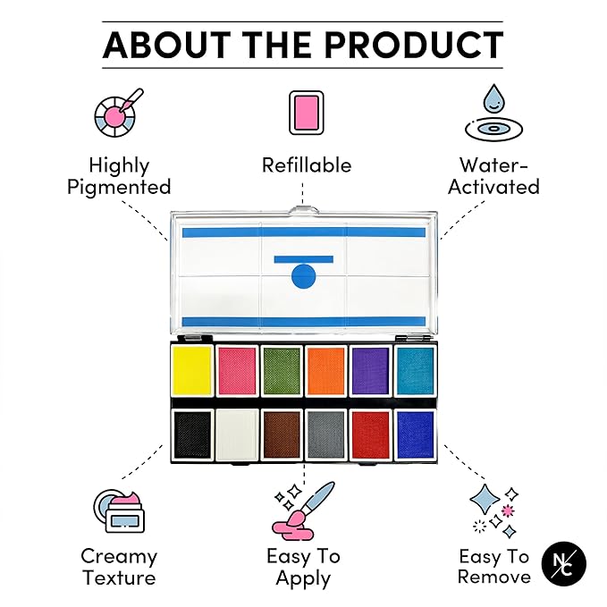 Narrative Cosmetics Primary Colors 12-Pan Palette - Vibrant Water-Activated Makeup for Face & Body Painting - Ideal for Cosplay, Theater & Artistic Makeup Creations
